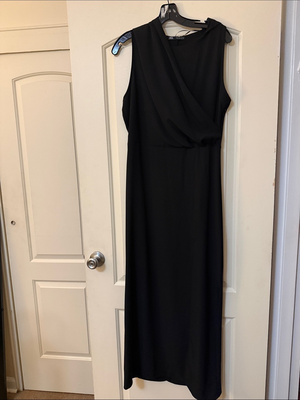 Zara Black Hooded Sleeveless Draped Maxi Dress